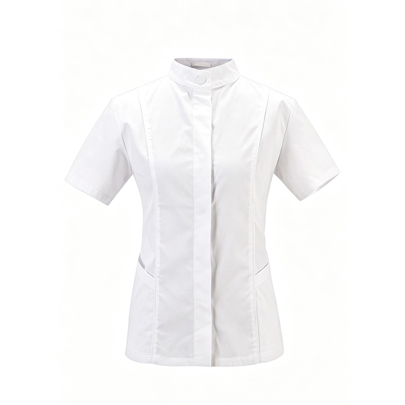 SLNW-L001A   Women's White Stand Collar Short Sleeve Beauty Tunic, Hidden Button Salon Workwear with Side Pockets for Beautician & Spa Staff