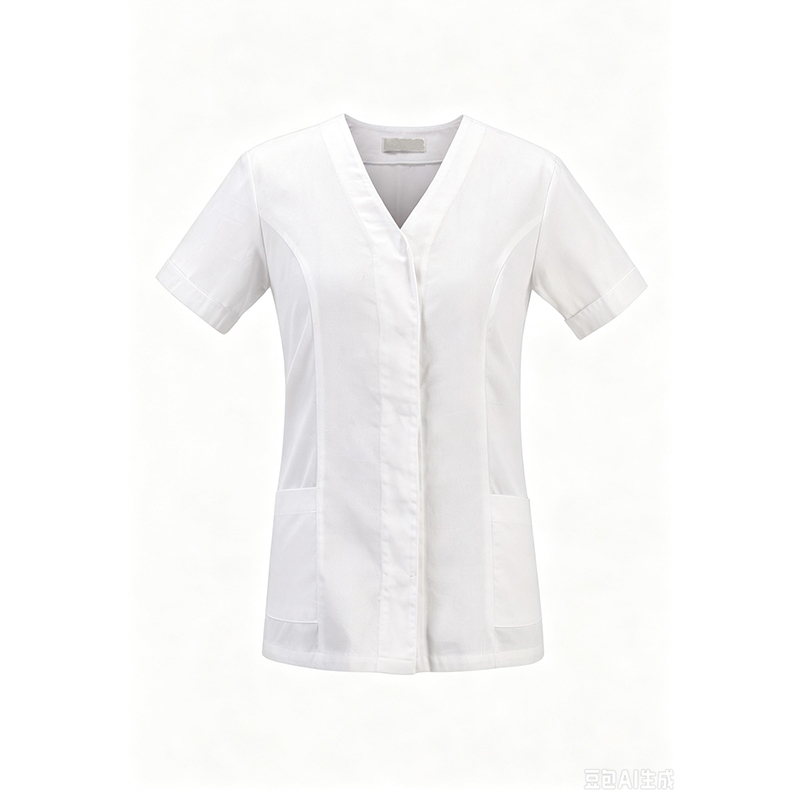 SLNW-L011A  Women's White Short Sleeve Beauty Tunic, Hidden Button V-Neck Salon Workwear with Pockets for Hairdressing & Spa Staff