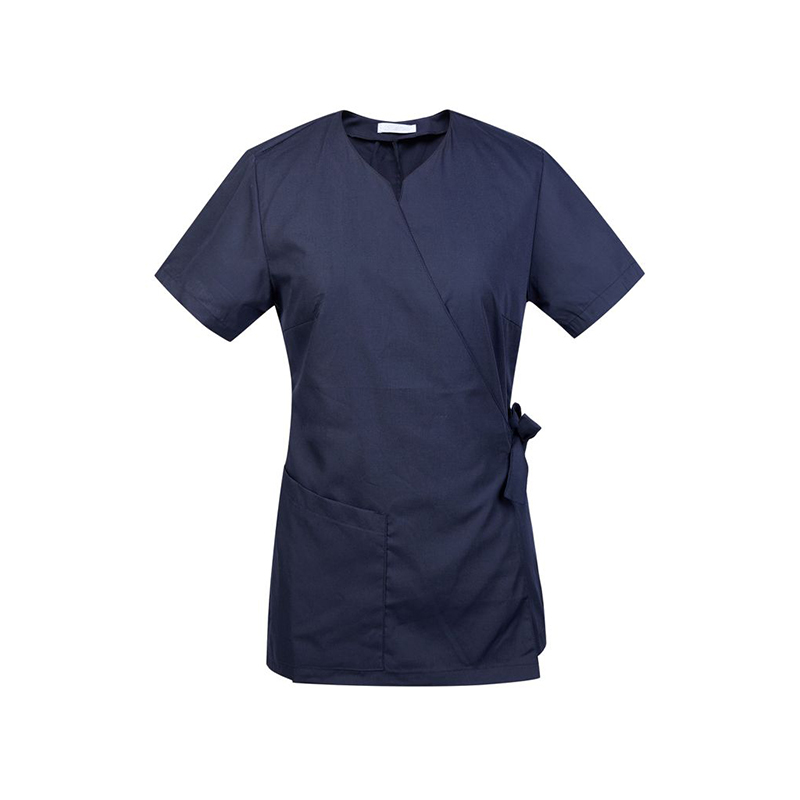 SLNW-L701A  Women's Black Wrap Beauty Tunic, V-Neck Short Sleeve Salon Workwear with Side Tie & Pocket for Hairdressing, Spa & Beautician