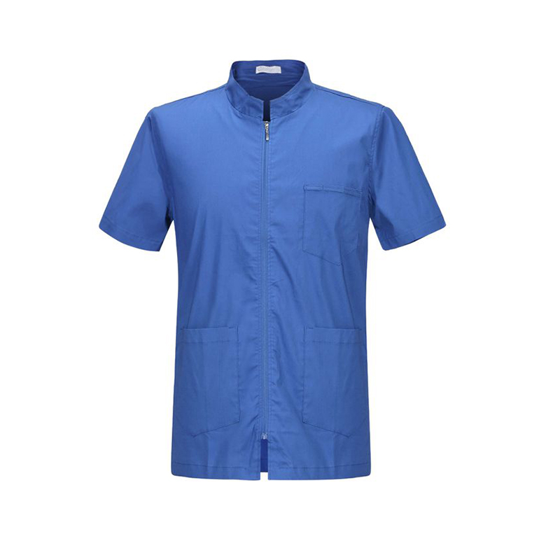 SLNW-L901A  Unisex Blue Zip Front Dental Tunic, Stand Collar Short Sleeve Medical Work Top with Multi Pockets for Dentist & Clinic Staff
