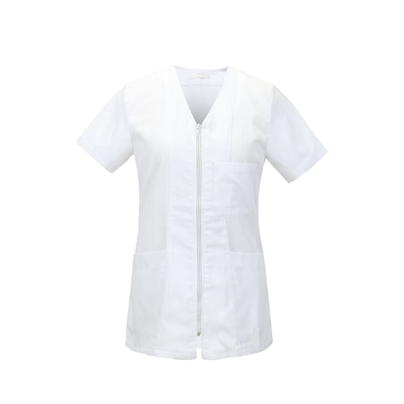 SLNW-Q037A  Women's White Zip Front Beauty Tunic, V-Neck Short Sleeve Salon Work Top with Pockets for Hairdressing & Spa Staff