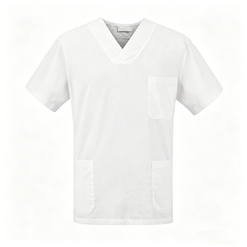 NURS-007A   Men's 100% Cotton White Scrub Top, V-Neck Short Sleeve Medical Tunic with Multi Pockets for Doctor Nurse Uniform