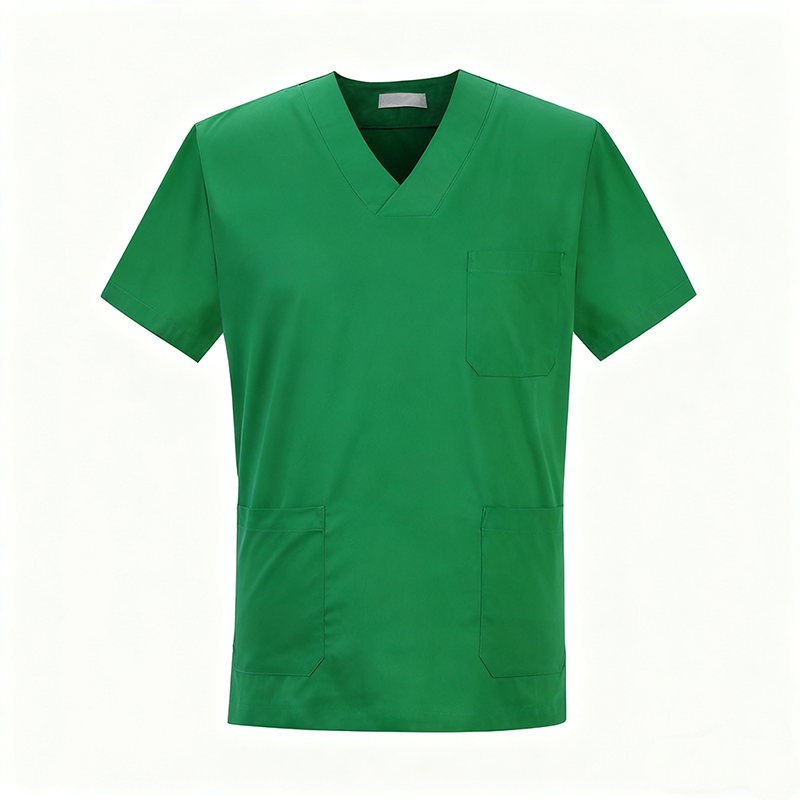 NURS-007C   Men's 100% Cotton Green Scrub Top, V-Neck Short Sleeve Medical Tunic with Multi Pockets for Doctor Nurse Uniform