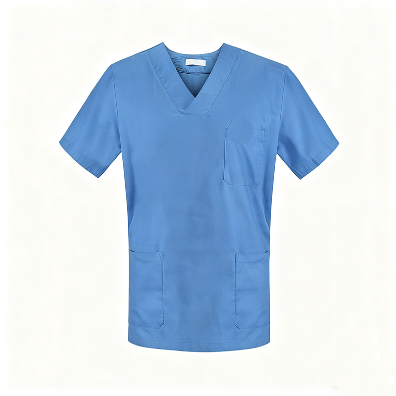 NURS-007B   Men's 100% Cotton Sky Blue Scrub Top, V-Neck Short Sleeve Medical Tunic with Multi Pockets for Doctor Nurse Uniform