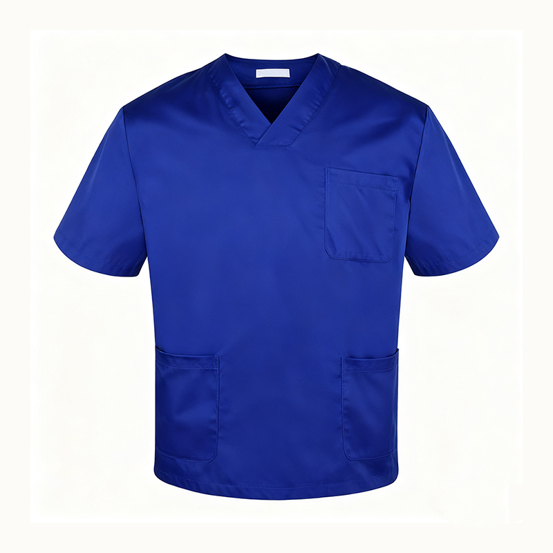 NURS-007D  Men's 100% Cotton Marine Blue Scrub Top, V-Neck Short Sleeve Medical Tunic with Multi Pockets for Doctor Nurse Uniform