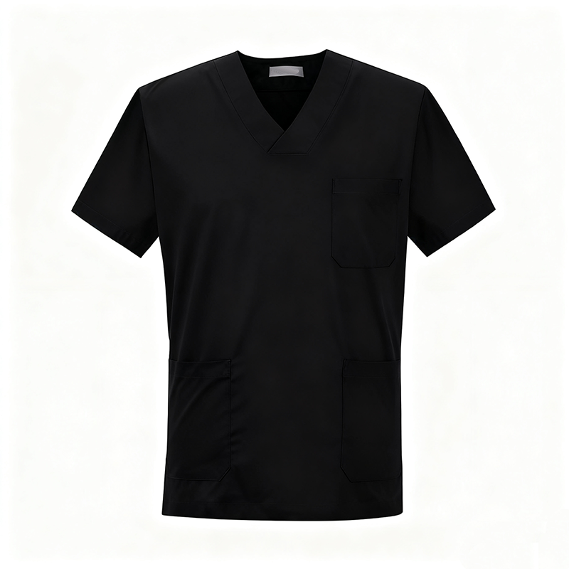 NURS-007E  Men's 100% Cotton Black Scrub Top, V-Neck Short Sleeve Medical Tunic with Multi Pockets for Doctor Nurse Uniform