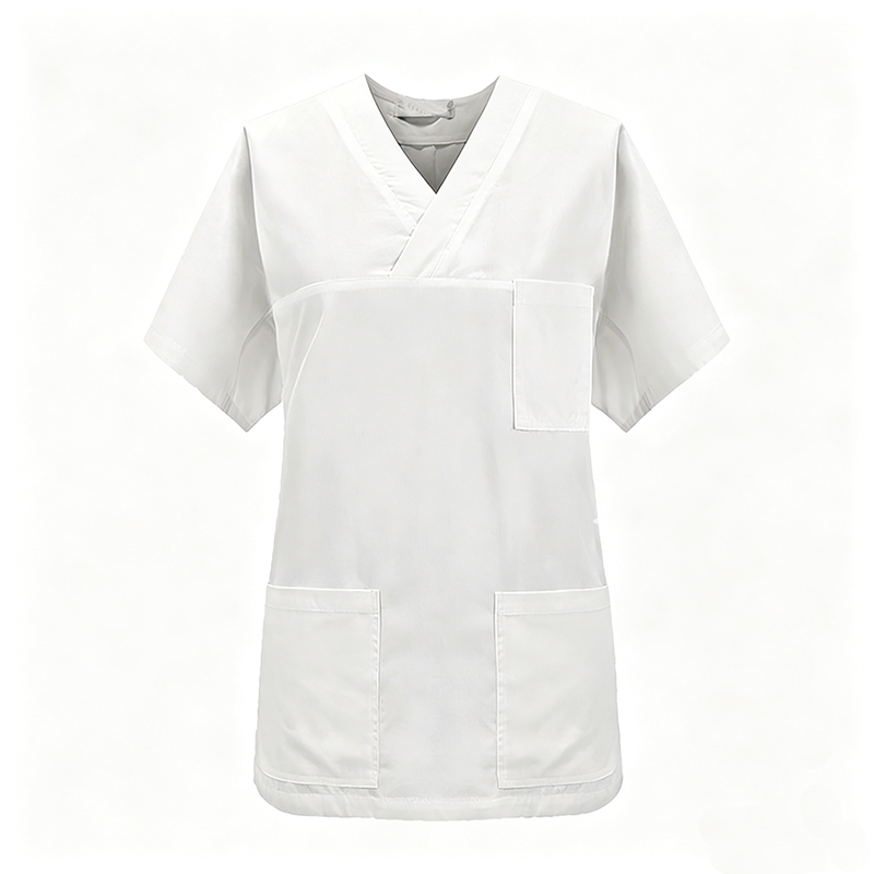 NURS-008A   Women's 100% Cotton White Scrub Top, V-Neck Short Sleeve Medical Tunic with Multi Pockets for Nurse Doctor Uniform