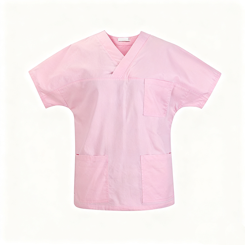 NURS-008D   Women's 100% Cotton Pink Scrub Top, Wrap V-Neck Short Sleeve Medical Tunic with Multi Pockets for Nurse Doctor Uniform