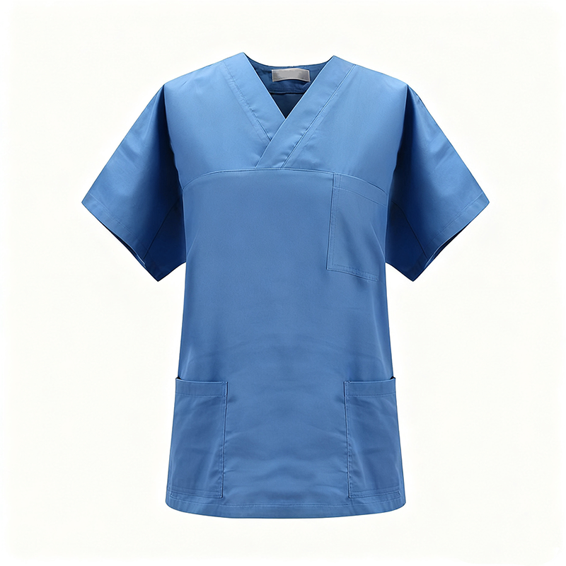 NURS-008C  Women's 100% Cotton Sky Blue Scrub Top, Wrap V-Neck Short Sleeve Medical Tunic with Multi Pockets for Nurse Doctor Uniform