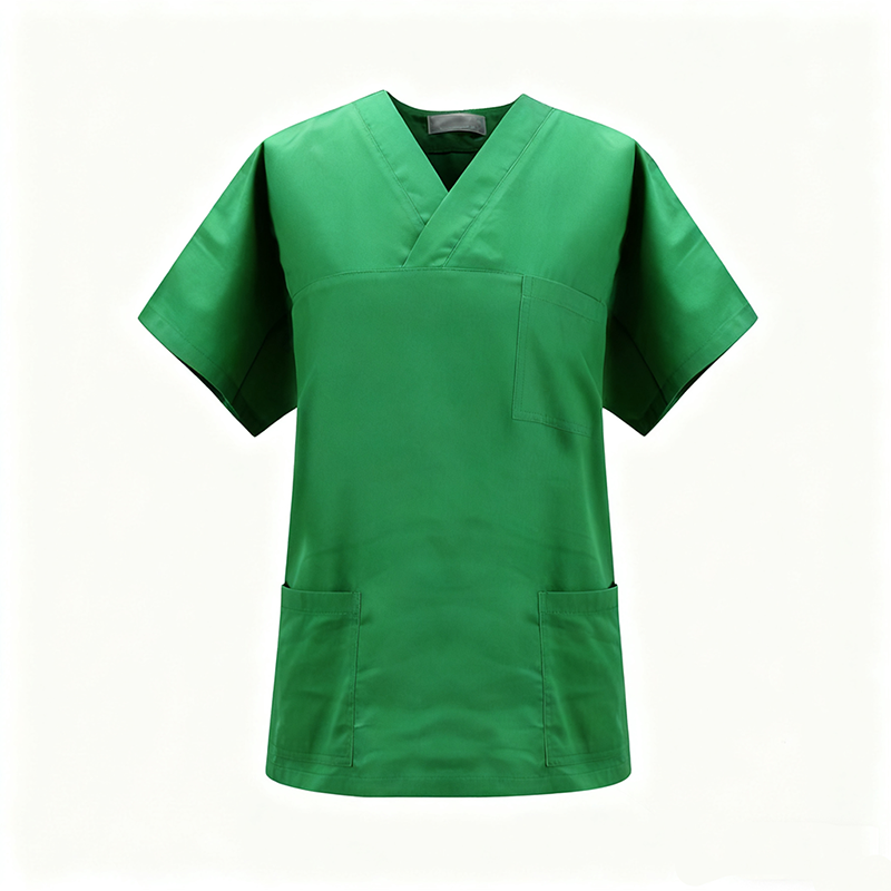 NURS-008B   Women's 100% Cotton Green Scrub Top, Wrap V-Neck Short Sleeve Medical Tunic with Multi Pockets for Nurse Doctor Uniform