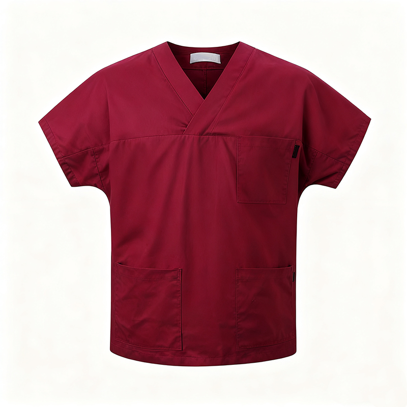 NURS-008E   Women's 100% Cotton Burgundy Scrub Top, Wrap V-Neck Short Sleeve Medical Tunic with Multi Pockets for Nurse Doctor Uniform