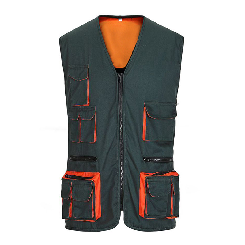 VEST-Q005MU  Men's Green Multi-Pocket Utility Work Vest, Zipper Front Work Gilet with Multiple Tool Pockets for Construction, Workshop & Tradesmen