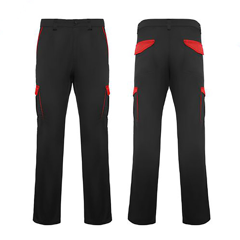PNTS-9101   Black Red Contrast Cotton Stretch Work Pants, Multi-Pocket Cargo Work Trousers with Adjustable Elastic Waist for Men