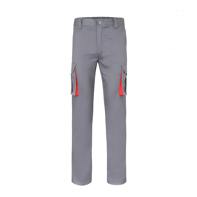 PNTS-9103C  Men's Grey Multi-Pocket Cargo Work Trousers with Red Contrast, Elastic Adjustable Waist, Velcro Pockets for Industrial & Workshop Workwear