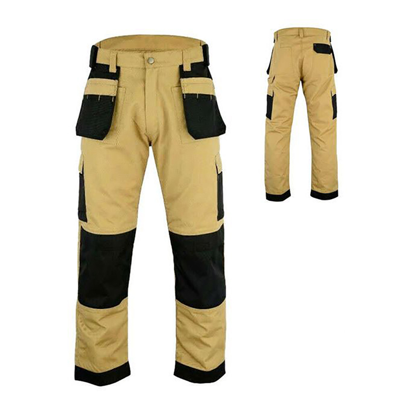 PNTS-DON-02   Men's Khaki Black Contrast Multiprotection Work Pants, Heavy Duty Cargo Work Trousers with Knee Pad Pockets & Side Tool Pockets for Construction, Mechanics & Tradesmen