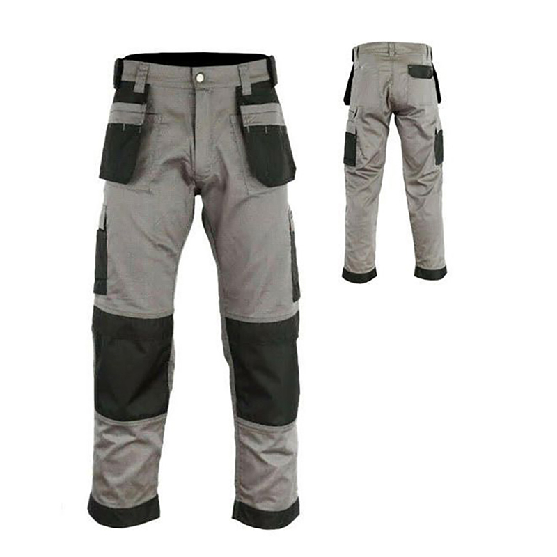 PNTS-DON-03  Men's Grey Black Contrast Multiprotection Work Pants, Heavy Duty Cargo Work Trousers with Knee Pad Pockets & Side Tool Pockets for Construction, Mechanics & Tradesmen