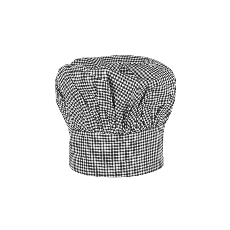 HAT-003D   Black White Gingham Chef Toque, Tall Pleated Chef Hat, Vichy Check Kitchen Work Cap for Restaurant & Catering