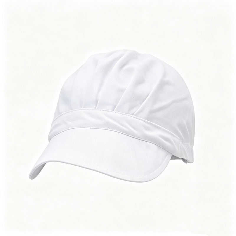 HAT-004B  White Elastic Back Chef Cap with Visor, Kitchen Work Hat for Pastry Chef, Bakery & Food Service Staff
