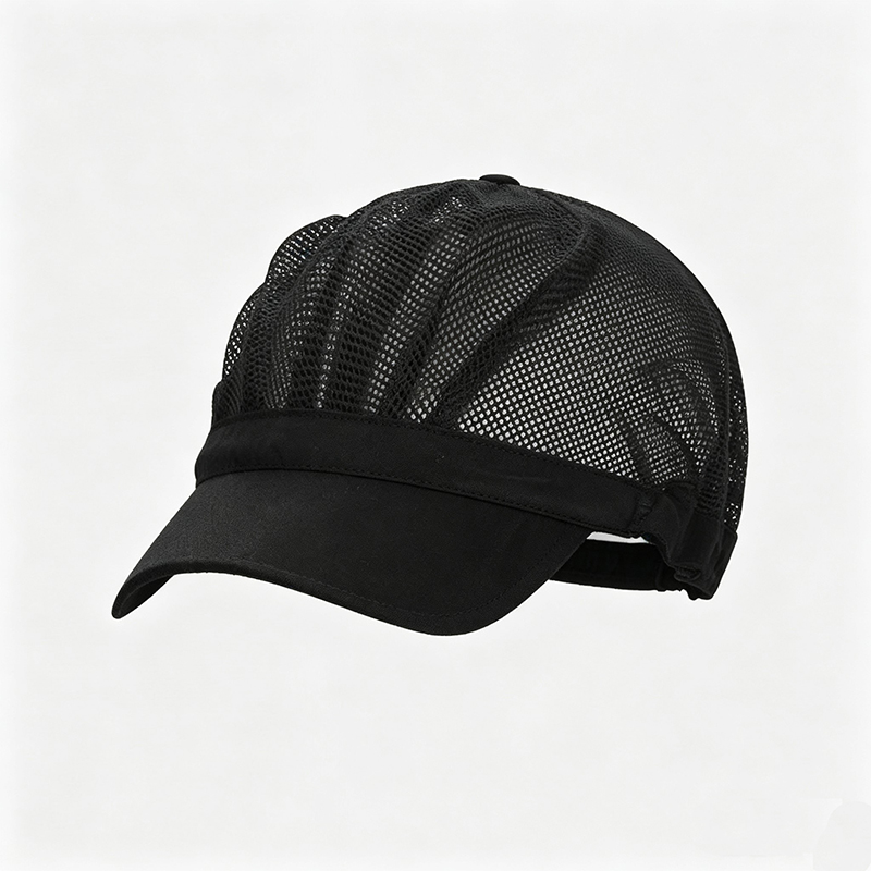 HAT-016A  Black Mesh Ventilation Hygiene Cap with Visor, Food Service Work Hat, Breathable Kitchen Cap for Food Industry Staff
