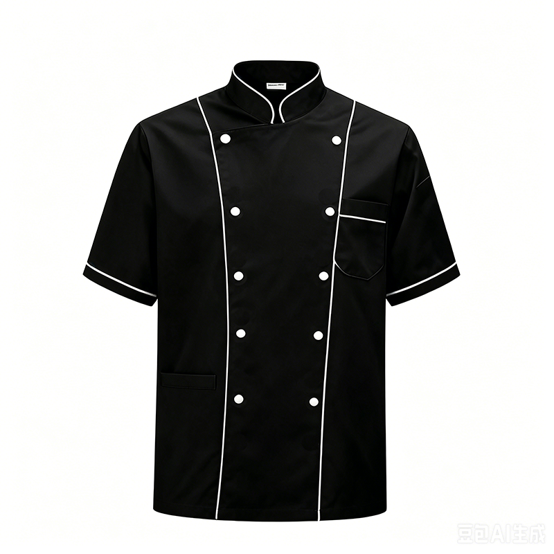CHEF-046A   Men's Short Sleeve Double Breasted Chef Jacket, Black 100% Cotton Chef Coat with White Piping, Chest & Sleeve Pockets