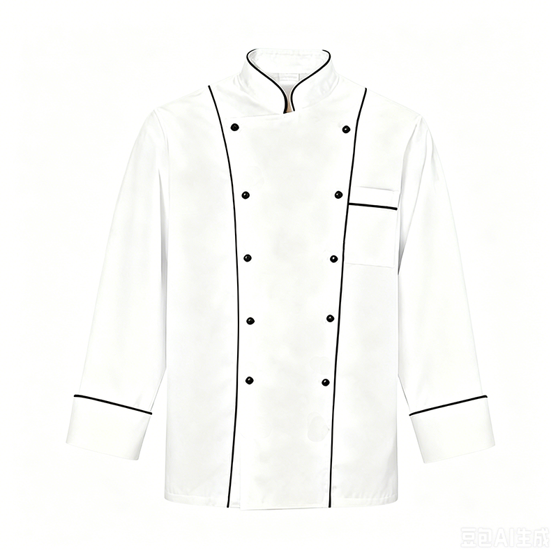 CHEF-045B   Men's Long Sleeve Double Breasted Chef Jacket, White 100% Cotton Chef Coat with Black Piping, Chef Uniform with Chest & Sleeve Pockets