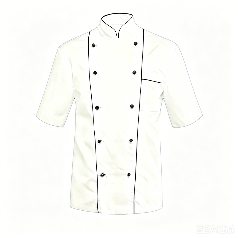 CHEF-046B   Men's Short Sleeve Double Breasted Chef Jacket, White 100% Cotton Chef Coat with Black Piping, Chef Uniform with Chest & Sleeve Pockets