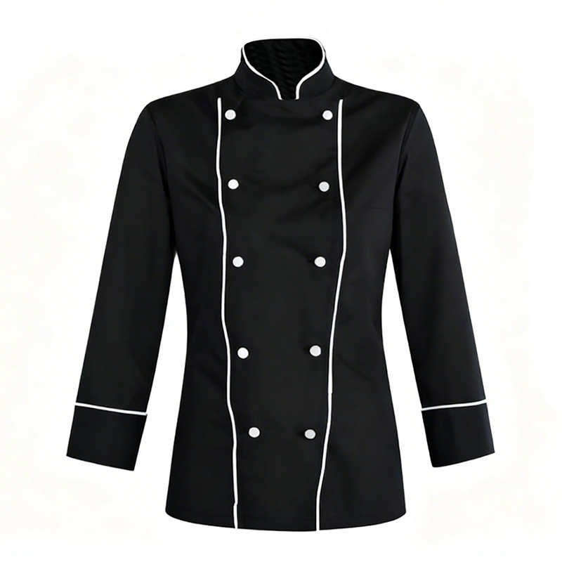 CHEF-055A  Women's Long Sleeve Double Breasted Chef Jacket, Black 100% Cotton Chef Coat with White Piping, Fitted Ladies Kitchen Uniform