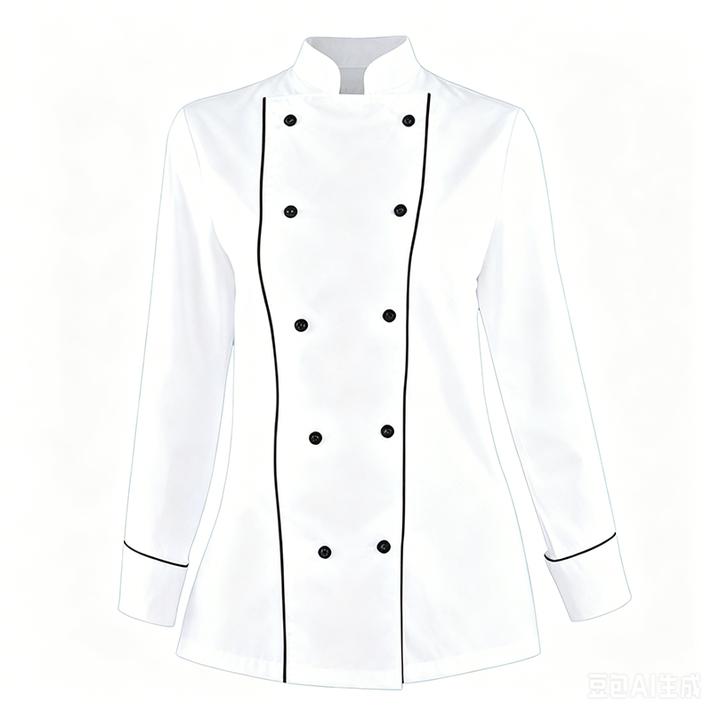 CHEF-055B   Women's Long Sleeve Double Breasted Chef Jacket, White 100% Cotton Chef Coat with Black Piping, Fitted Ladies Kitchen Uniform