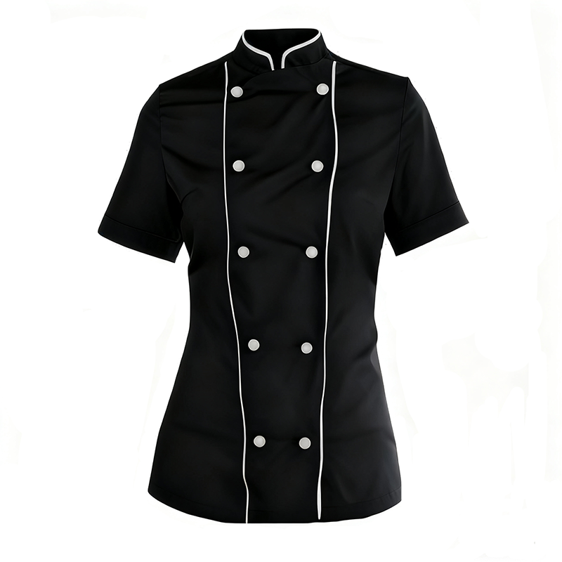 CHEF-056A  Women's Short Sleeve Double Breasted Chef Jacket, Black Cotton Chef Coat with white Piping, Fitted Ladies Kitchen Uniform