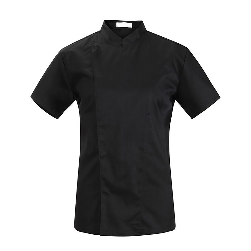 CHEF-L014A  Black Short Sleeve Chef Jacket with Hidden Buttons, Hidden Placket Chef Uniform Coat for Restaurant Kitchen