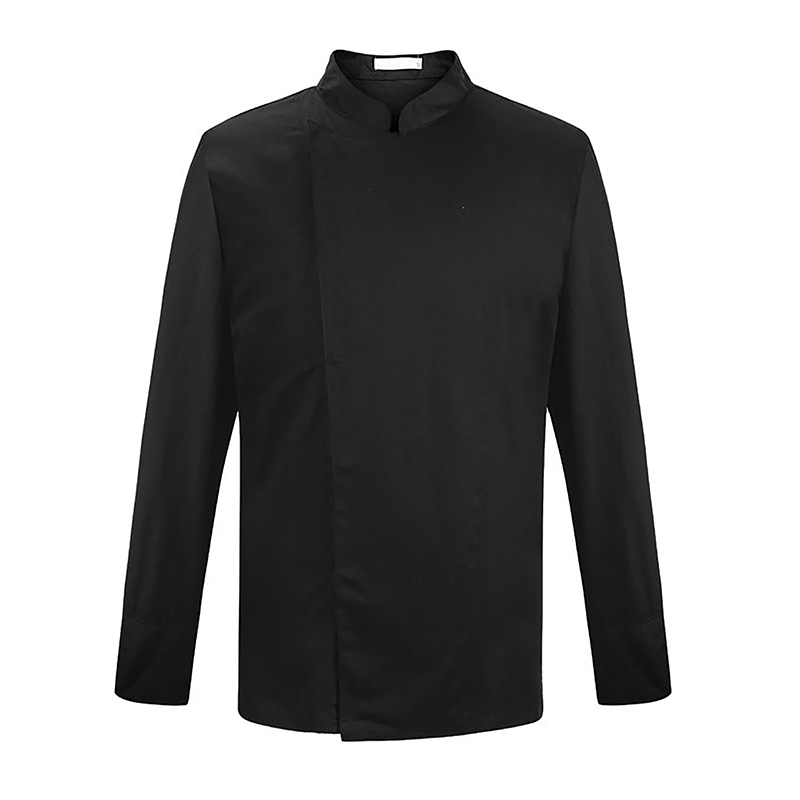 CHEF-Q013A  Black Long Sleeve Chef Jacket, Invisible Snap Button Stand Collar Chef Coat for Commercial Kitchen