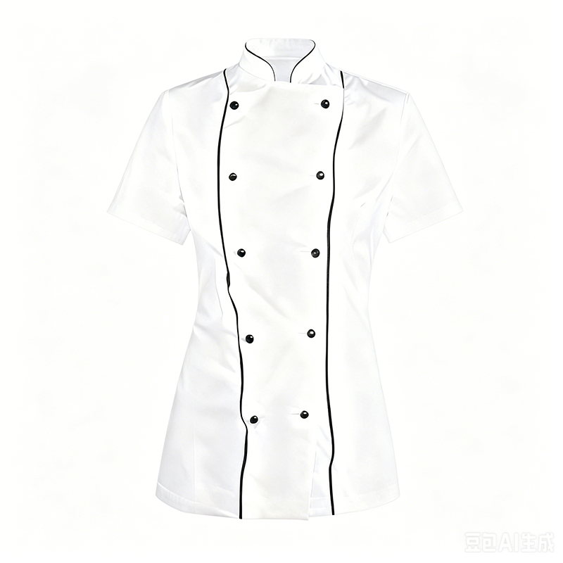 CHEF-056B  Women's Short Sleeve Double Breasted Chef Jacket, White Cotton Chef Coat with Black Piping, Fitted Ladies Kitchen Uniform