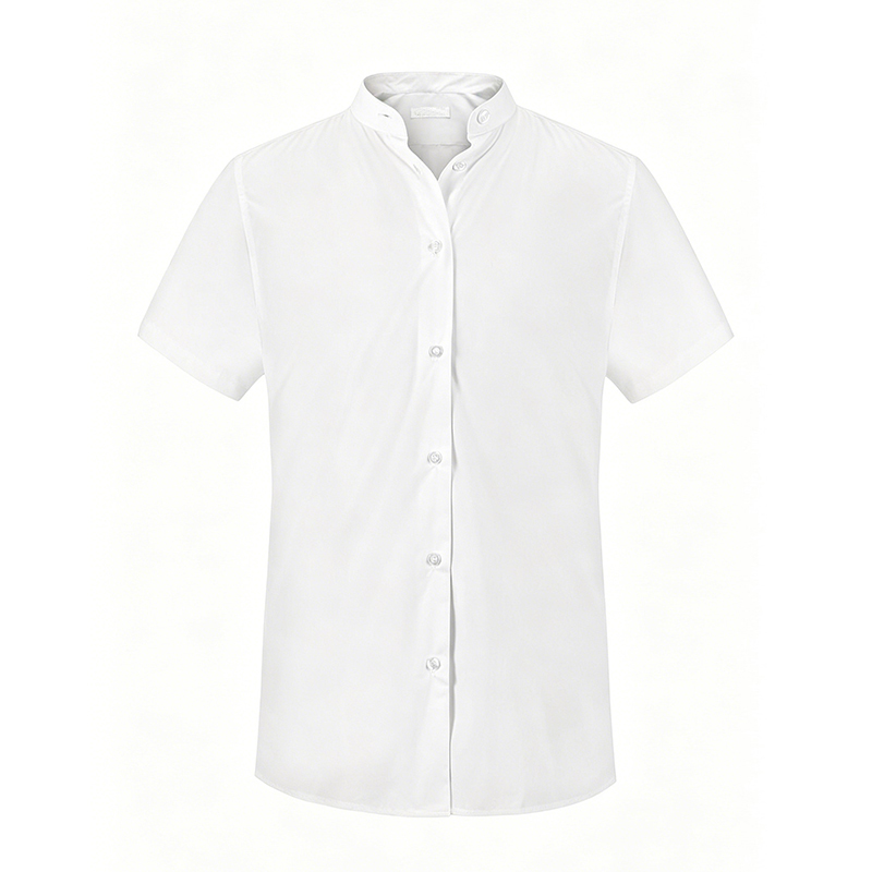 SHRT-013A  Women's Mandarin Collar Short Sleeve Shirt, White Stand Collar Work Uniform Blouse for Hotel, Restaurant & Catering