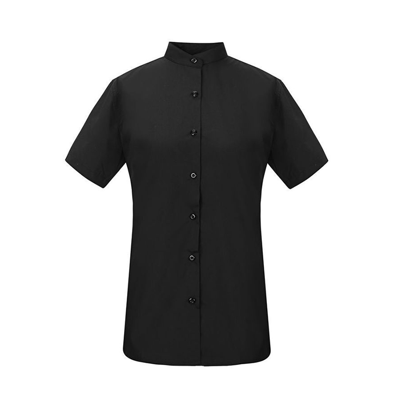 SHRT-013B  Women's Mandarin Collar Short Sleeve Shirt, Black Stand Collar Work Uniform Blouse for Hotel, Restaurant & Catering