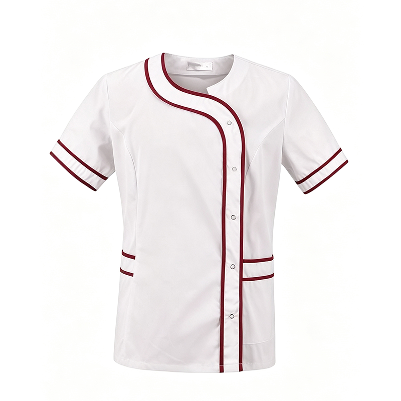 WATR-Q022C  Women's Short Sleeve Work Tunic, Black Uniform Top with Fuchsia Contrast Piping, for Salon, Healthcare & Cleaning Staff