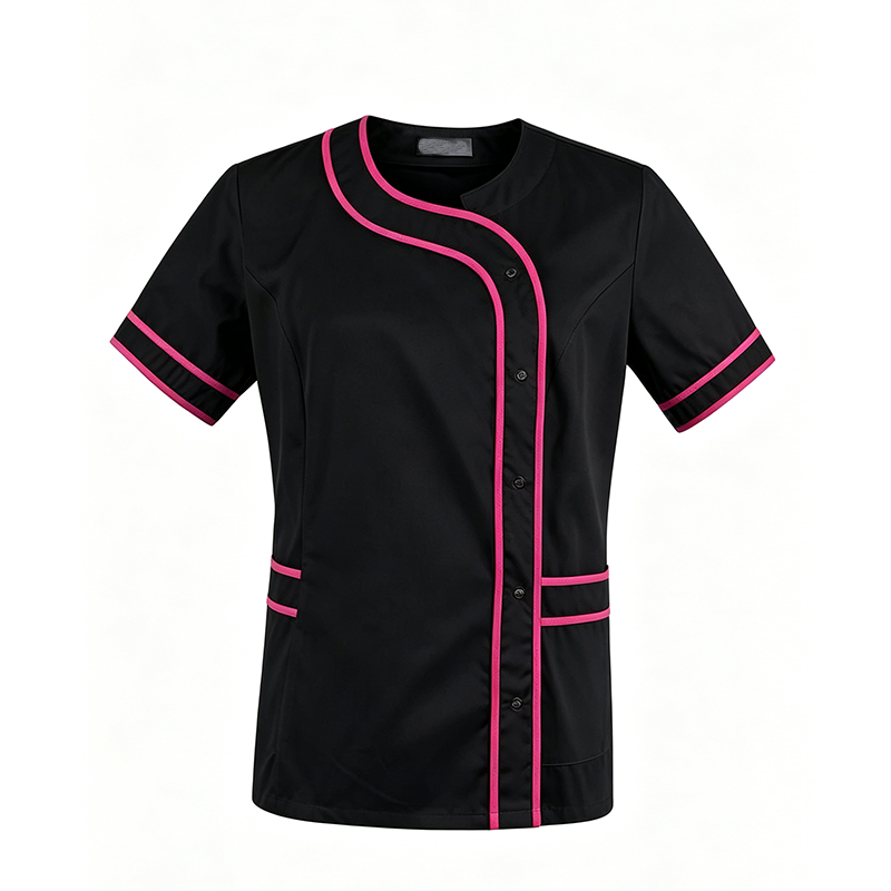 WATR-Q022E  Women's Short Sleeve Work Tunic, Black Uniform Top with Fuchsia Contrast Piping, for Salon, Healthcare & Cleaning Staff