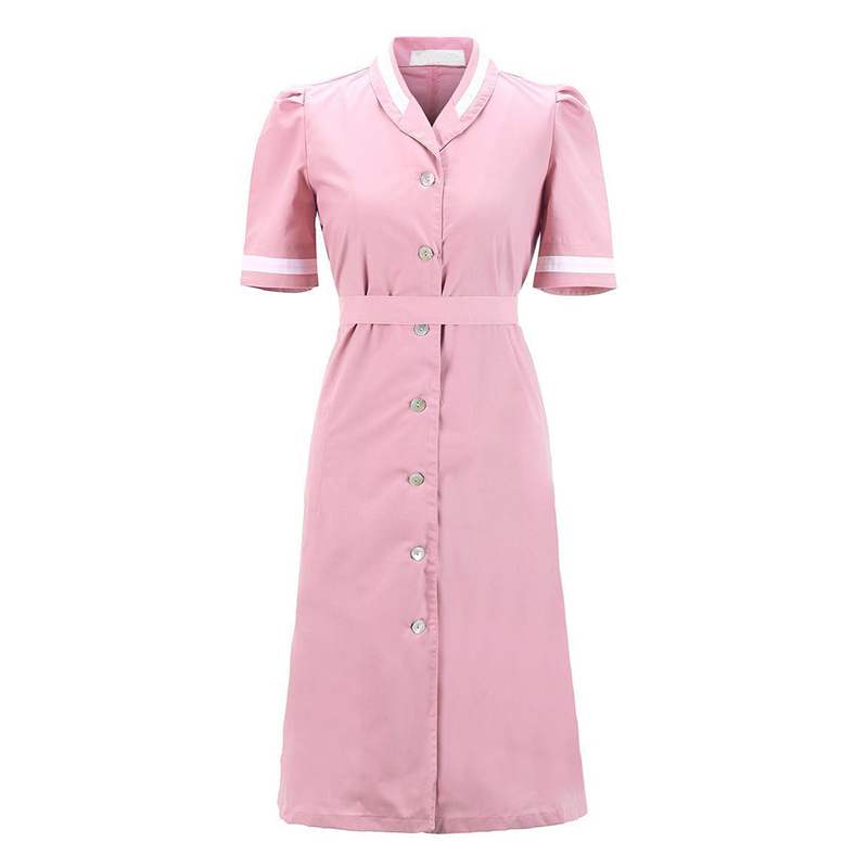 WATR-Q008C Women's Hotel Work Dress, Pink Short Sleeve Maid Uniform