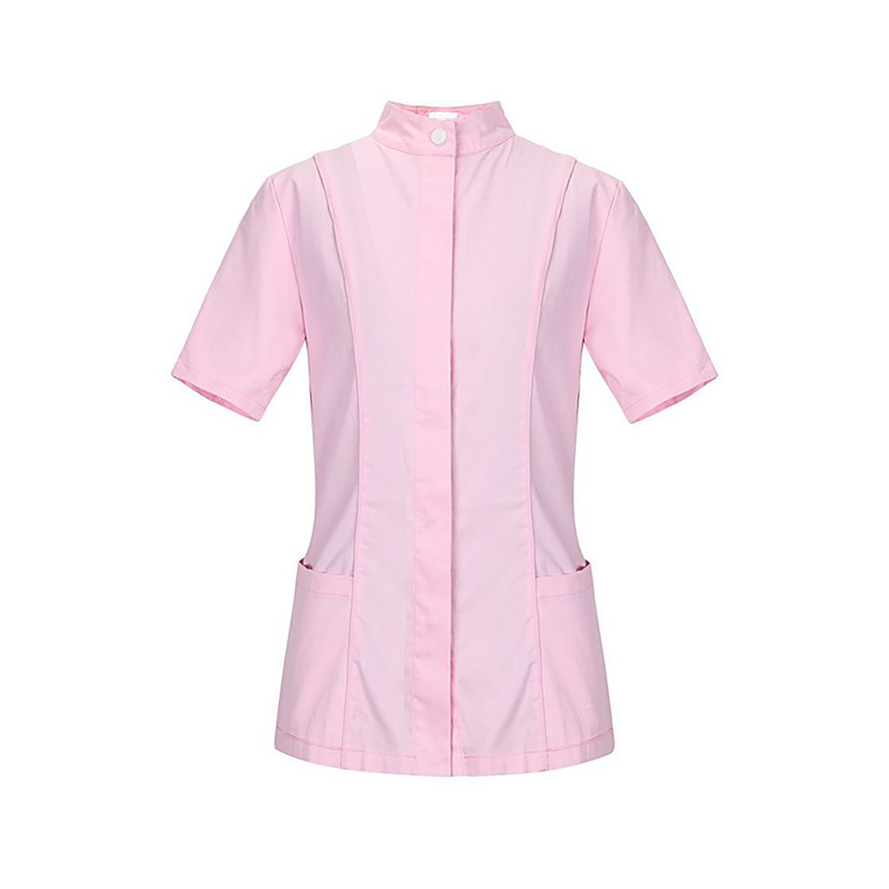 SLNW-L001B  Women's Pink Stand Collar Short Sleeve Beauty Tunic, Hidden Button Salon Workwear with Side Pockets for Beautician & Spa Staff