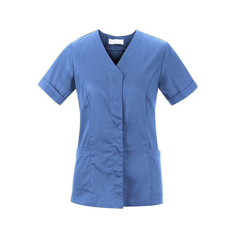 SLNW-011B  Women's Blue Short Sleeve Beauty Tunic, Hidden Button V-Neck Salon Workwear with Pockets for Hairdressing & Spa Staff