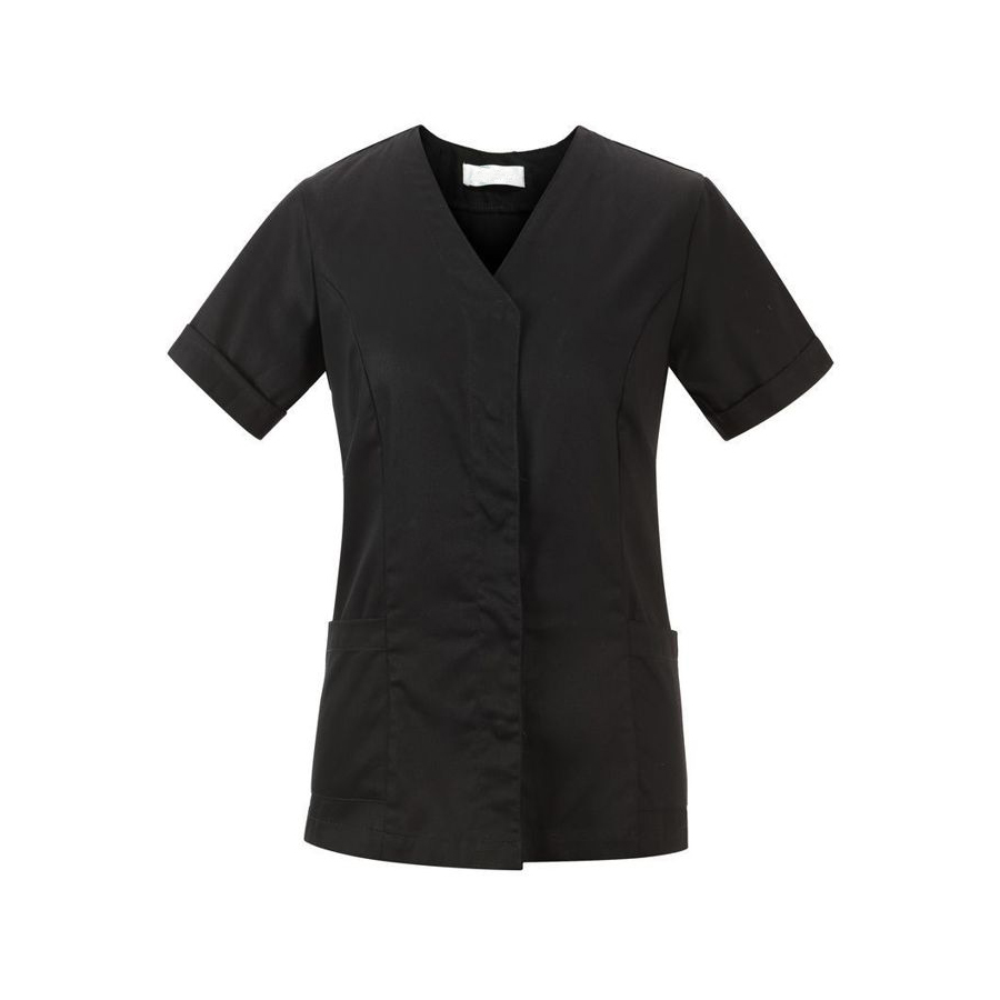 SLNW-L011C  Women's Black Short Sleeve Beauty Tunic, Hidden Button V-Neck Salon Workwear with Pockets for Hairdressing & Spa Staff