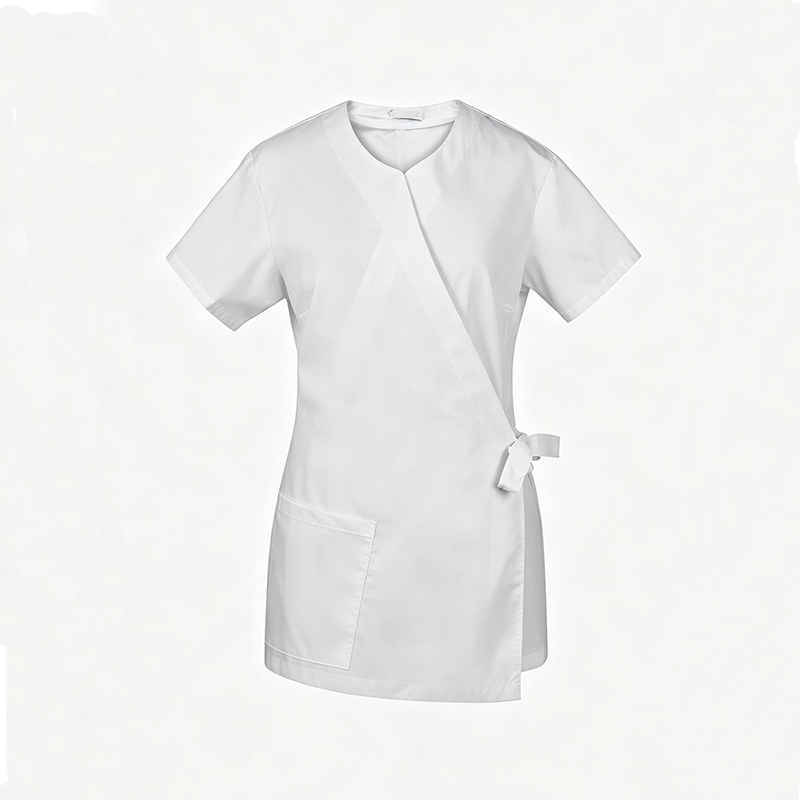 SLNW-L701B  Women's White Wrap Beauty Tunic, V-Neck Short Sleeve Salon Workwear with Side Tie & Pocket for Hairdressing, Spa & Beautician