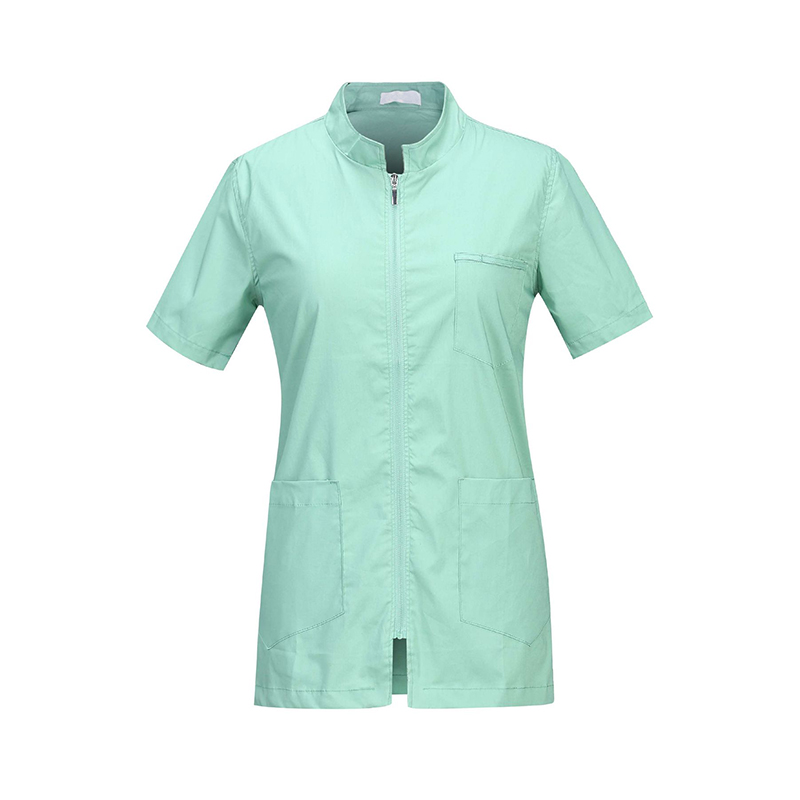 SLNW-L901B  Women's Mint Green Zip Front Tunic, Stand Collar Short Sleeve Salon Workwear Medical Top with Multi Pockets for Beauty & Clinic Staff