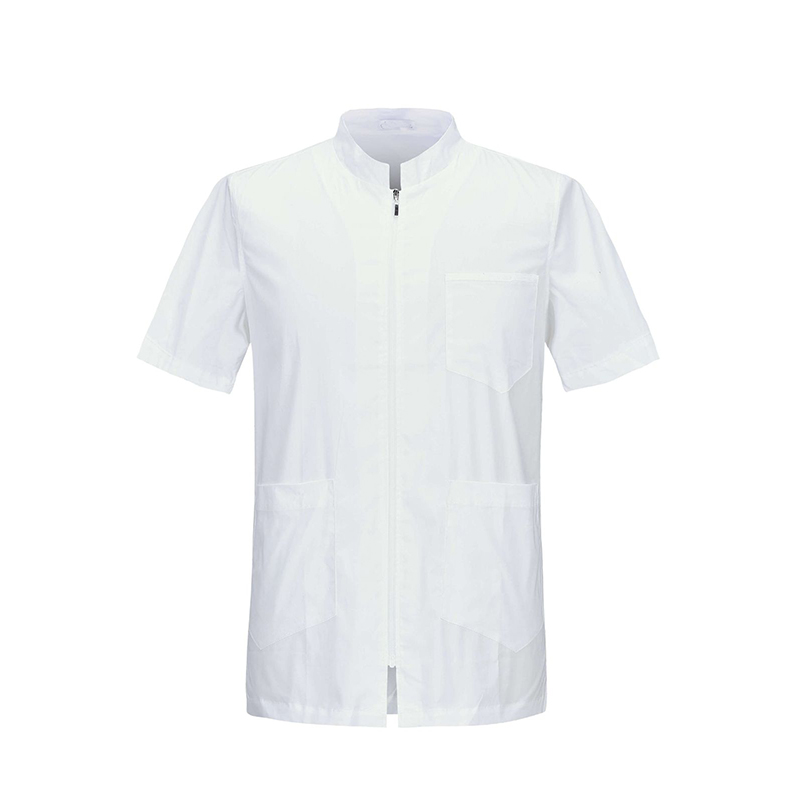 SLNW-901C   Women's White Zip Front Tunic, Stand Collar Short Sleeve Salon Workwear Medical Top with Multi Pockets for Beauty & Clinic Staff