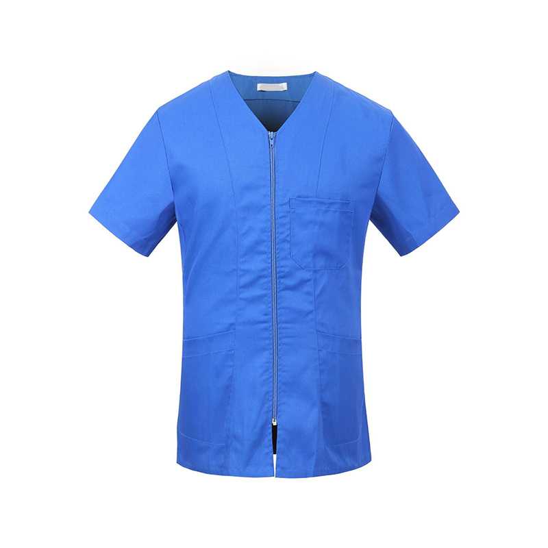 SLNW-Q037C   Women's Blue Zip Front Beauty Tunic, V-Neck Short Sleeve Salon Work Top with Pockets for Hairdressing & Spa Staff
