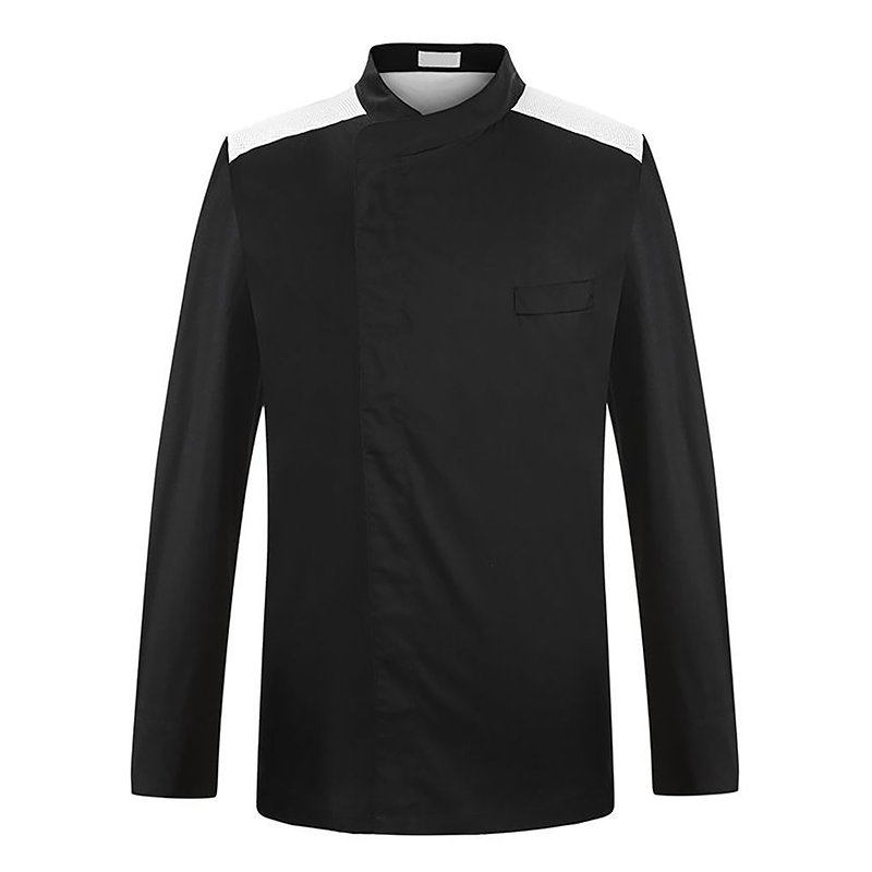 CHEF-Q009A  Black Breathable Long Sleeve Chef Jacket with White Contrast Shoulder, Premium Chef Uniform Coat for Hotel & Restaurant