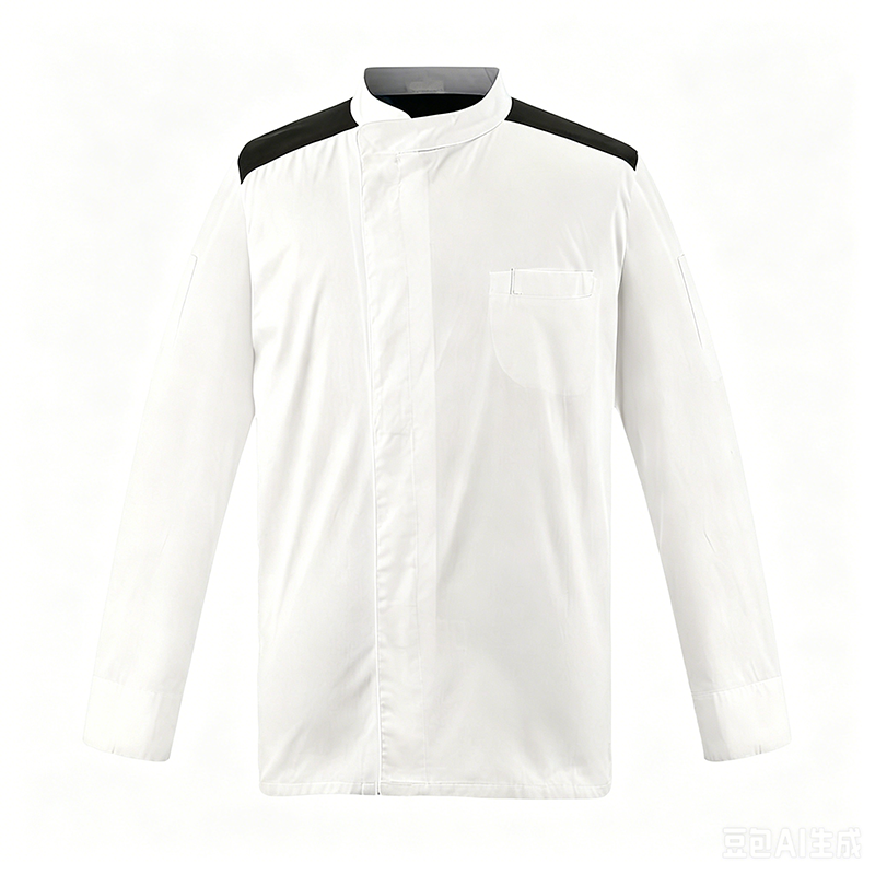 CHEF-Q009B  White Breathable Long Sleeve Chef Jacket with Black Contrast Shoulder, Premium Chef Uniform Coat for Hotel & Restaurant