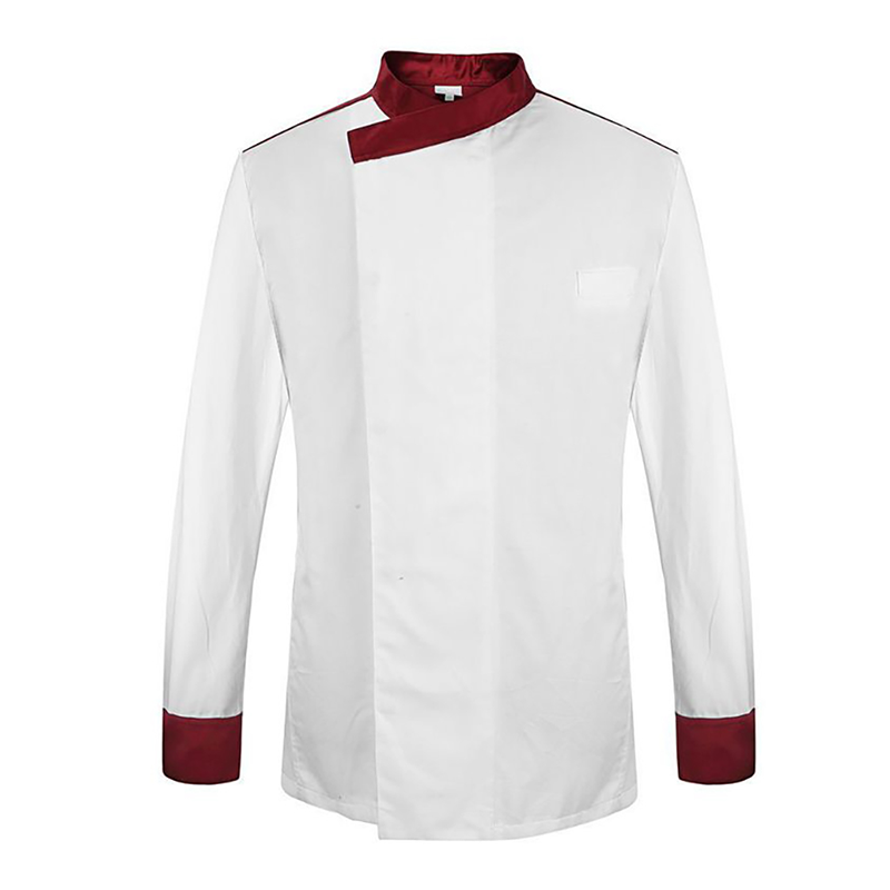 CHEF-Q012  White Ultra-Thin Breathable Long Sleeve Chef Jacket, Burgundy Contrast Collar & Cuffs Invisible Snap Chef Coat