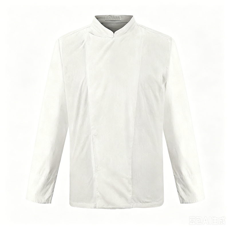 CHEF-Q013B  White Long Sleeve Chef Jacket, Invisible Snap Button Stand Collar Chef Coat for Commercial Kitchen