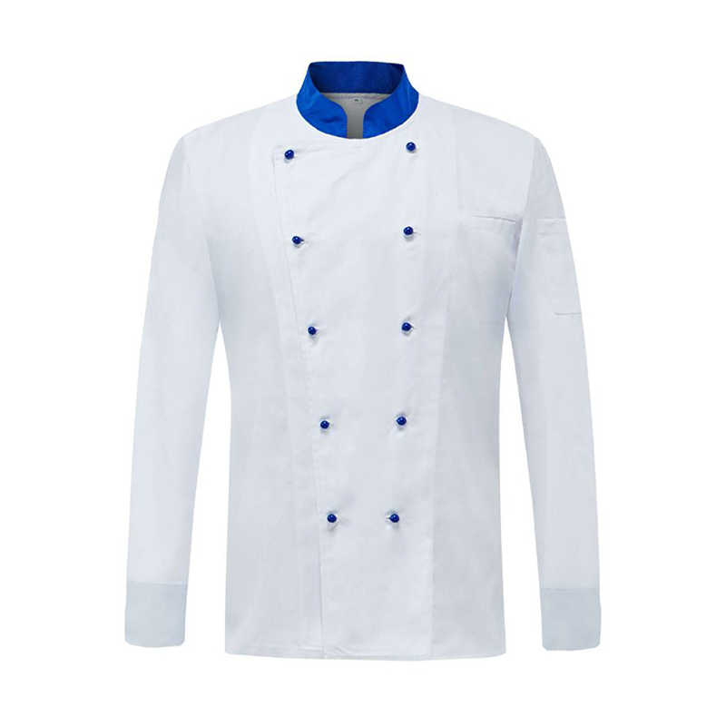 CHEF-Q030A   White Long Sleeve Double Breasted Chef Jacket, Chef Coat with Blue Contrast Collar for Hotel & Restaurant