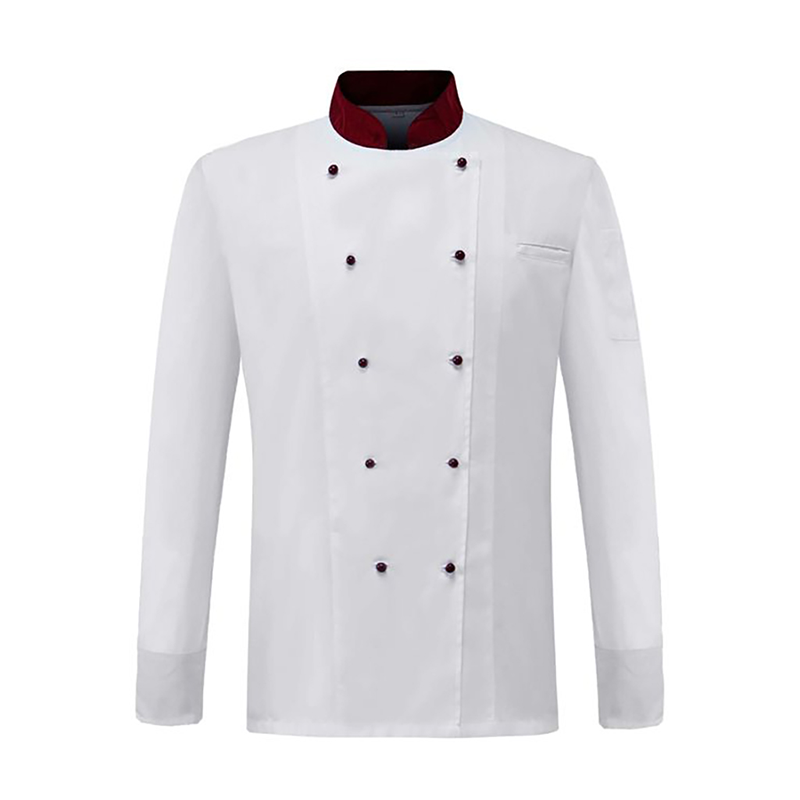 CHEF-Q030C   White Long Sleeve Double Breasted Chef Jacket, Chef Coat with Burgundy Contrast Collar for Hotel & Fine Dining